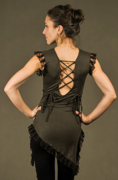 T42 - Top in Viscose-lycra with assymetric down peaks, linked backless and crumpled lace